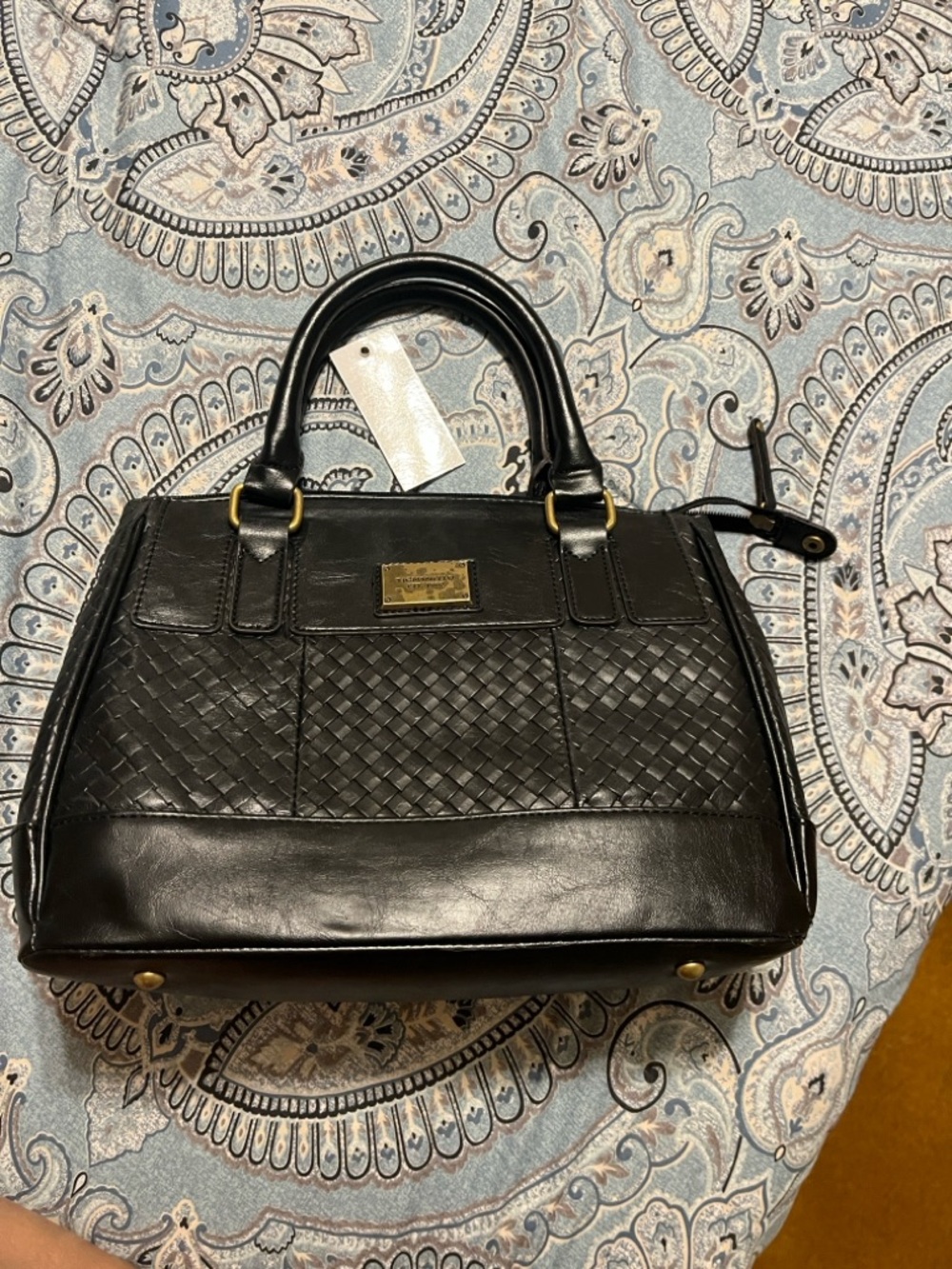 Black Woven Leather Satchel Handbag
